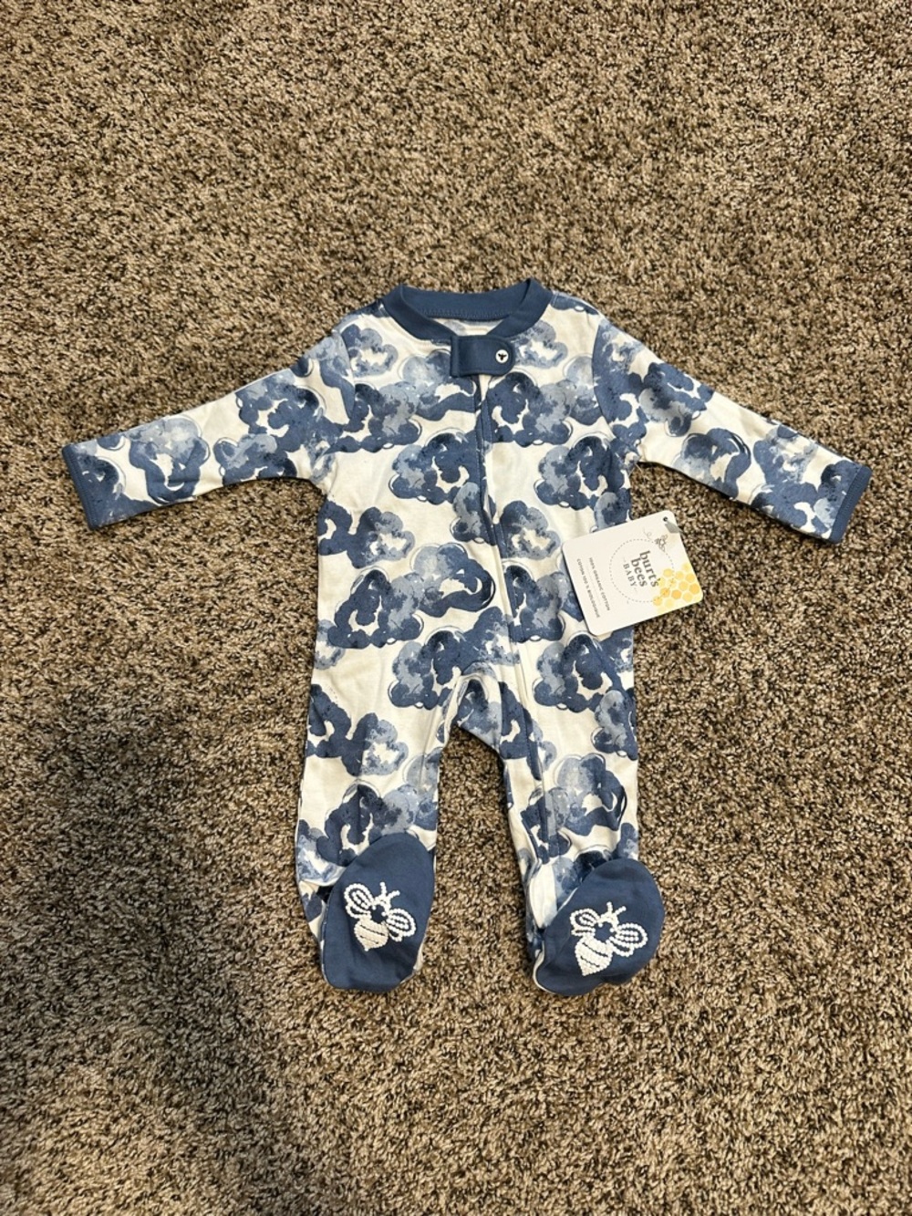 Burt's Bees Baby Blue Floral Footed One-Piece Organic Cotton NB